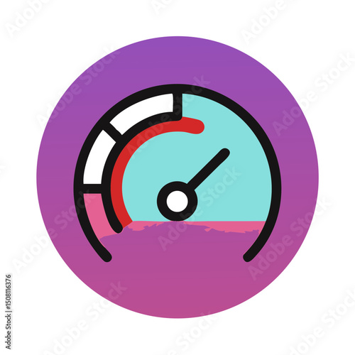 Colorful speedometer illustration with turquoise dial and red accents on a vibrant purple background