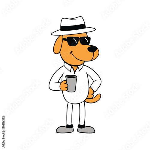 Cartoon Dog in White Suit, Fedora, and Sunglasses Holding a Cup