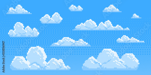 Pixel clouds set for game background - fluffy cumulus cloudscape in 8 bit style. Cartoon sky elements, retro gaming sprites, pixelated aerial landscape assets. Decorative nostalgic pixelart designs.