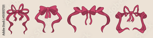 Coquette ribbon frame set - decorative bow borders, vintage scroll elements. Retro feminine ornaments, girly pink decor. Elegant filigree swirls, curly motifs for wedding invitations, greeting cards.