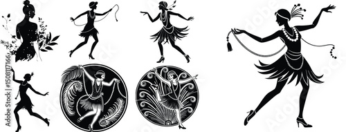 Silhouettes of Flapper Girls Dancing in 1920s Style Black and White