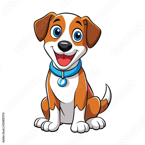 Cartoon Dog Sitting With a Blue Collar and Smiling Face Expression Isolated