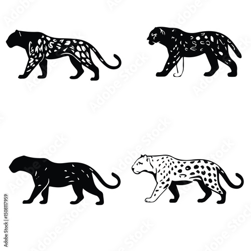 Leopard silhouettes in various poses against a plain background. Silhouette illustrations of leopards in profile view, showcasing the animals' distinctive spotted coats.