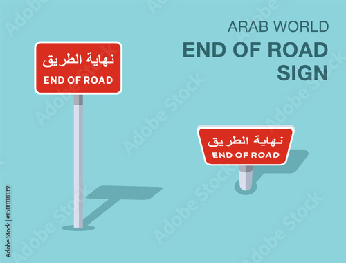 Traffic regulation rules. Isolated Arab world "end of road" road sign. Front and top view. Flat vector illustration template.