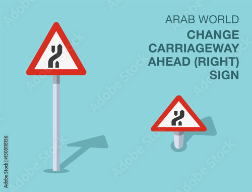 Traffic regulation rules. Isolated Arab world "change carriageway right ahead" road sign. Front and top view. Flat vector illustration template.