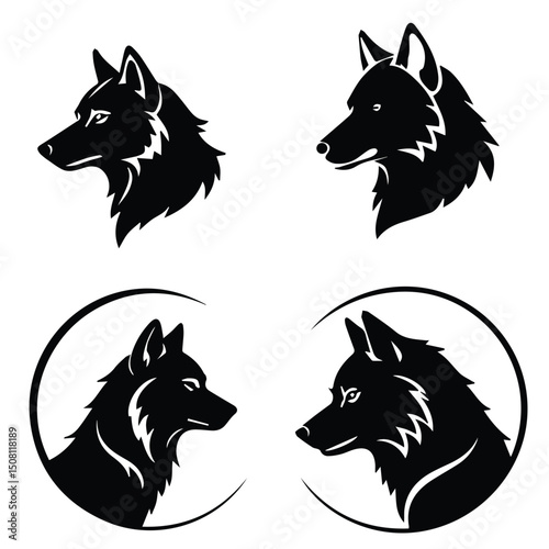 Wolf head profile silhouettes in various poses/settings. Symbolic animal portraits on a white background.
