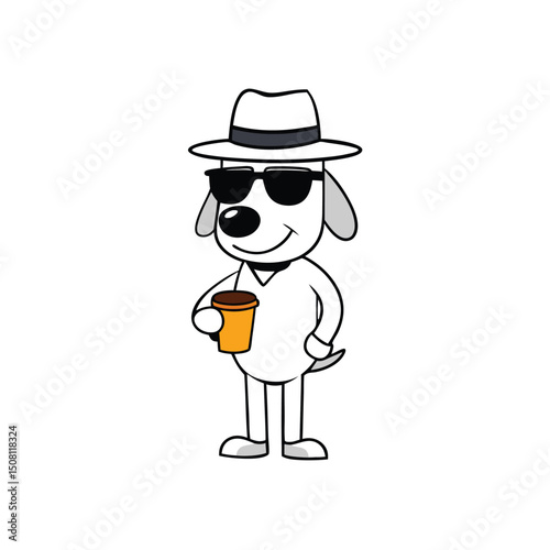 Cartoon Dog with Hat, Sunglasses, and Coffee Cup Illustration on White