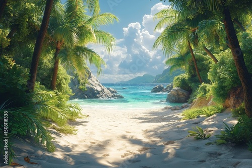 Tropical beach paradise, path to ocean, sunny day, island getaway photo