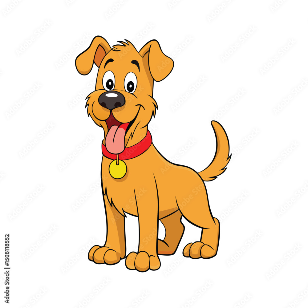 Fototapeta premium Cartoon Dog with Red Collar and Gold Tag, Tongue Sticking Out