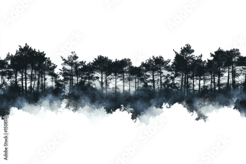Silhouettes of pine trees in a misty landscape.