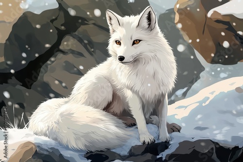 Fox Arctic. Wild Arctic Fox (Vulpes Lagopus) in Winter Tundra. Beautiful Brown Camouflaged Animal in Arctic Climate photo