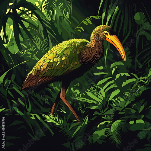 A vibrant illustration of a bird in a lush jungle setting.