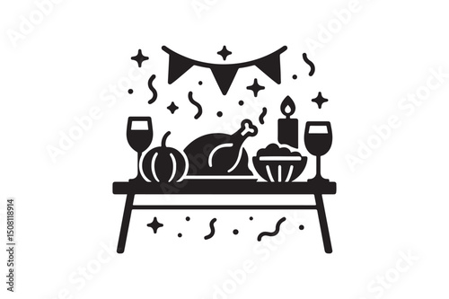 Line art of festival table spread silhouette vector art illustration on white background