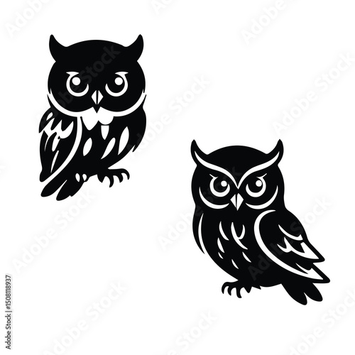 Black and white stylized owl silhouettes in a two-dimensional, graphic design. Two owls in profile view, posed as if stationary, against a plain white background.
