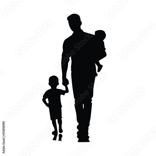 Father with children walking, casual attire outdoors. Family strolling with father carrying one child and holding the hand of a second child, park setting.
