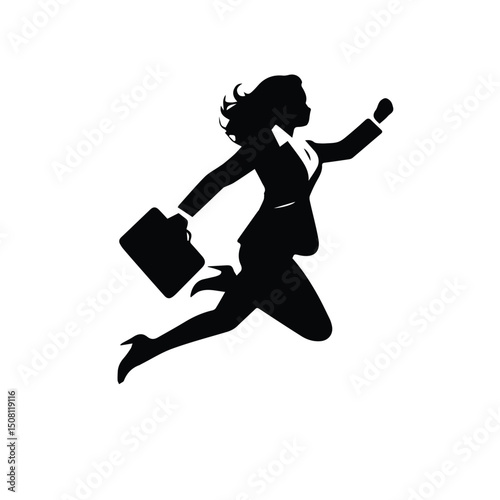 Female executive in business attire leaping forward with briefcase, dynamic action shot against plain background. Professional woman in motion with a focus on success and achievement.