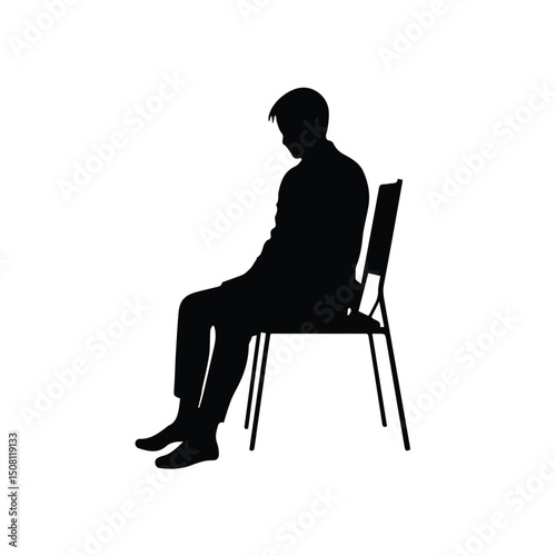 Silhouette of a young adult male in formal attire seated in a chair, contemplative pose in a neutral indoor setting. Young professional waiting in a meeting room.