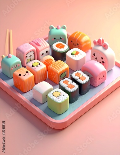 A stylized 3D render of a sushi platter with kawaii faces, done in toon shading. Flat pastel tones, bold outlines, and simple gradients make it look like a 3D cartoon straight out of an anime cooking. photo