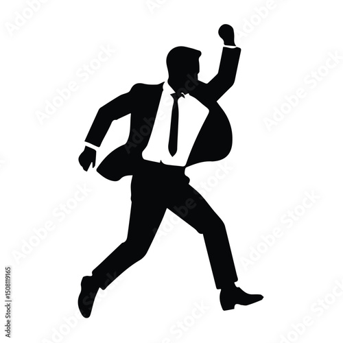Male professional in a suit and tie running with excitement in a contemporary setting. Dynamic pose of a male executive in motion against a simple background.