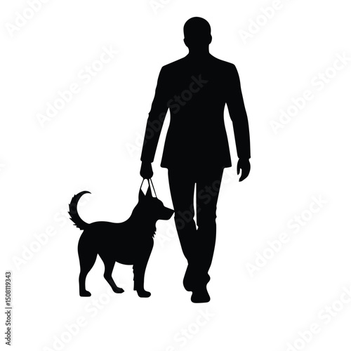 A man in a suit walking a dog on a leash. Business professional leading his canine companion in an urban setting.