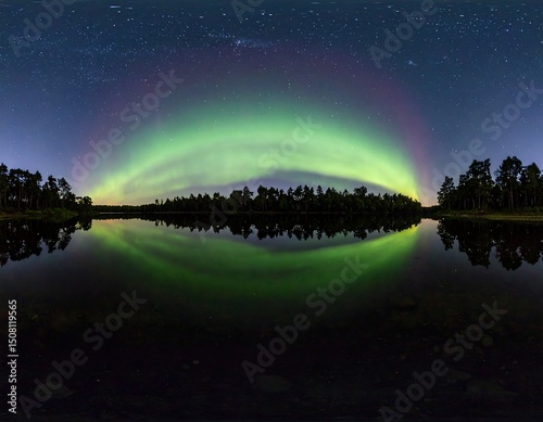 Night sky panorama showcasing a vibrant aurora borealis reflected in a calm lake, framed by a dark treeline