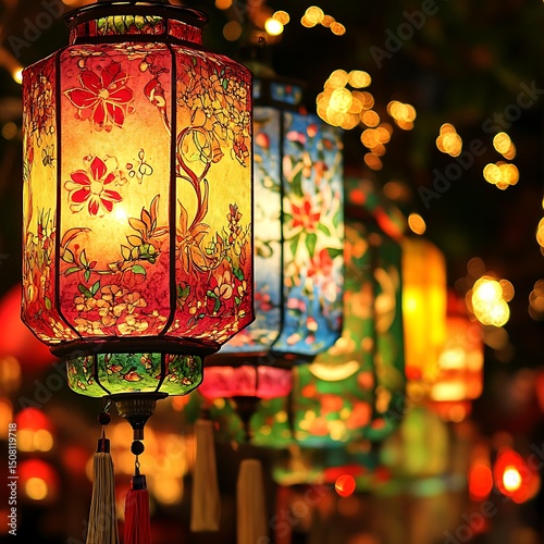 Colorful decorative lanterns with floral patterns.
