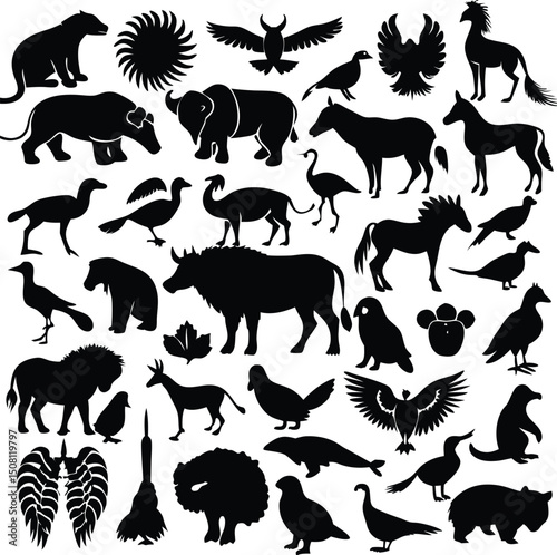Collection of Animal Silhouettes Featuring Mammals Birds and Other Creatures