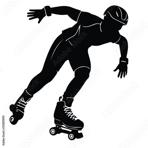 Male roller skater in athletic wear, in a dynamic forward motion on a track. Young adult professional inline skater in a race.