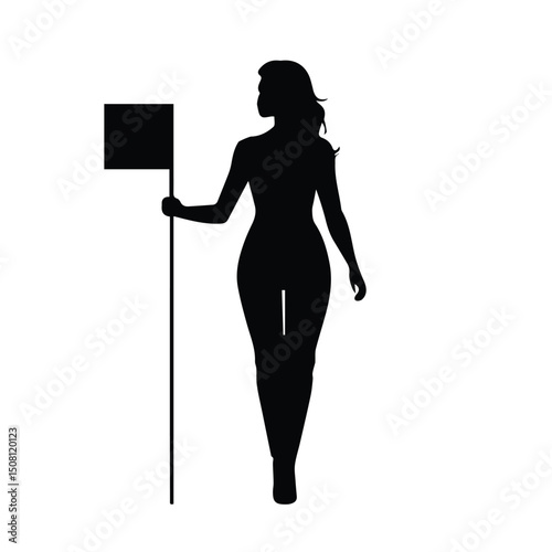 Female silhouette holding a flag, mid-stride, against a plain background. A confident female model in a promotional pose, in a neutral, professional setting.