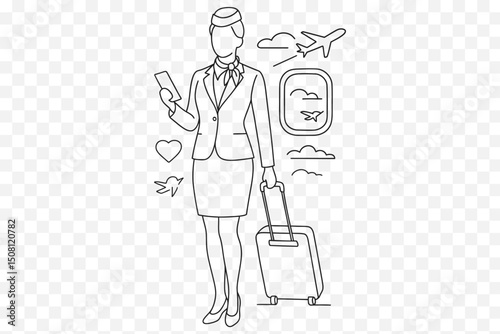 Faceless Flight Attendant Line Art – Minimalist Female Cabin Crew with Luggage Illustration