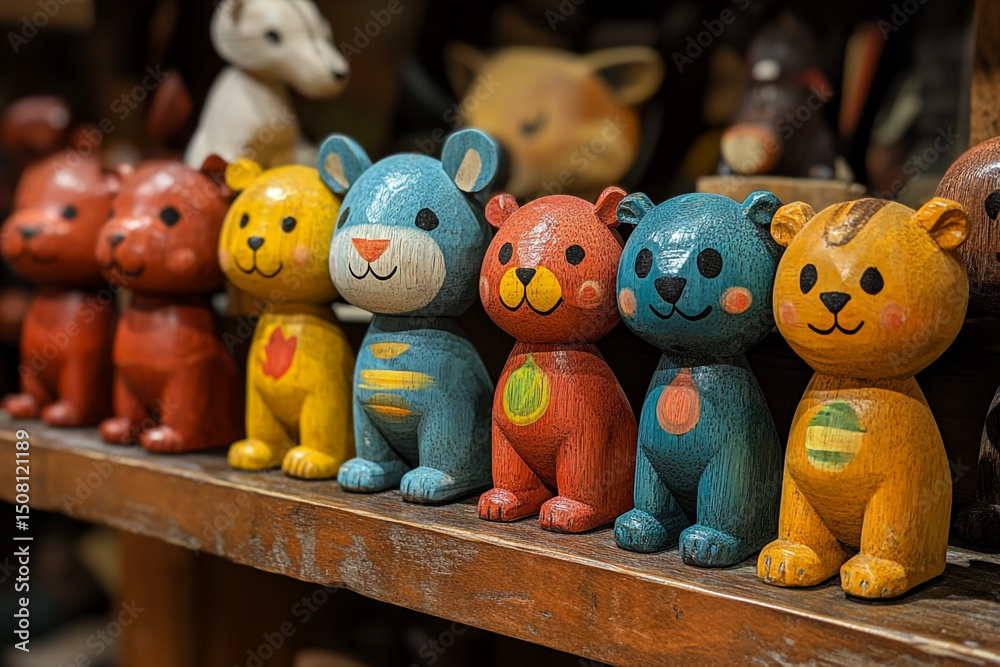 Obraz premium A set of wooden animal figurines, each painted in bright colors, lined up on a shelf.