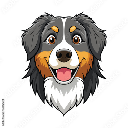Cartoon Tricolor Australian Shepherd Dog Head with a Smiling Expression on a White Backdrop