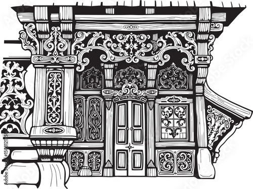 Antique wood architecture, the patterns are made with wood carvings. Hand drawn vector illustration