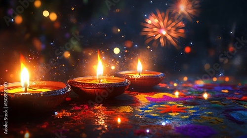 Illuminated diyas and colorful rangoli design.