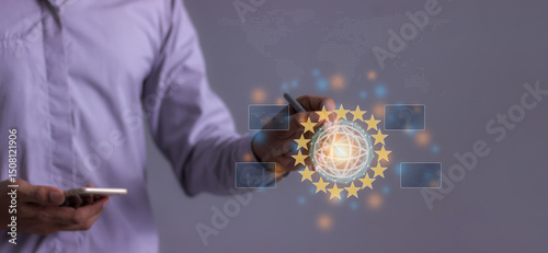 Young man using smartphone hand touching to Interconnect, Interconnected Concept; People connect via wireless internet in a world of digital technology 