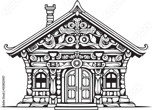 Antique wood architecture, the patterns are made with wood carvings. Hand drawn vector illustration
