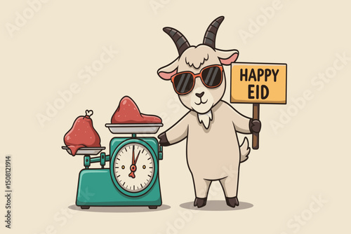 A funky goat celebrates Eid with stylish sunglasses and a festive sign in its hoof.