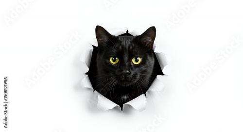 Glossy Black Cat Emerges from Ripped Hole with Vibrant Yellow Eyes on Clean White Background Looking Curious and Alert Isolated for Decoration or Digital Art