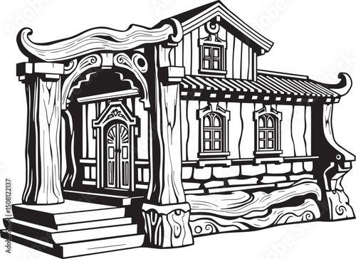 Antique wood architecture, the patterns are made with wood carvings. Hand drawn vector illustration