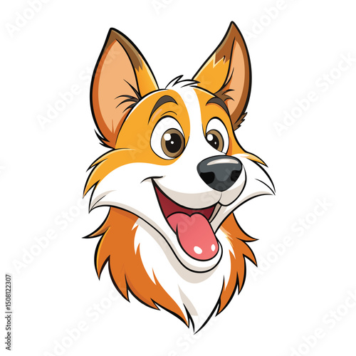 Cheerful Cartoon Corgi Head with Orange and White Fur Smiling Widely