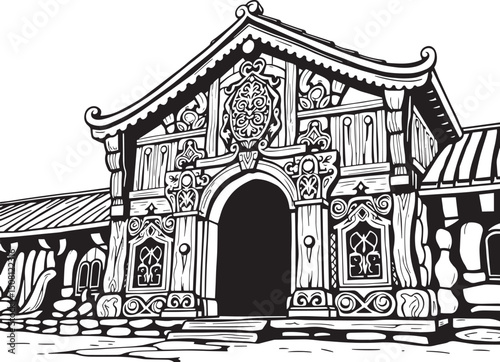 Antique wood architecture, the patterns are made with wood carvings. Hand drawn vector illustration