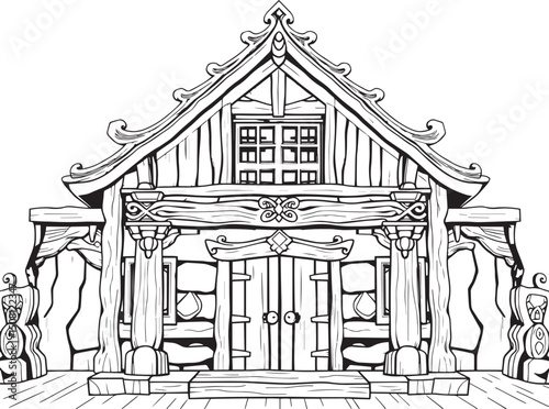 Antique wood architecture, the patterns are made with wood carvings. Hand drawn vector illustration