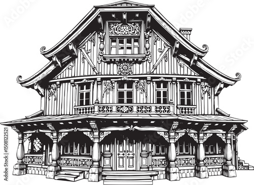 Antique wood architecture, the patterns are made with wood carvings. Hand drawn vector illustration