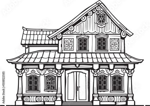 Antique wood architecture, the patterns are made with wood carvings. Hand drawn vector illustration