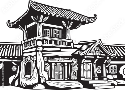 Antique wood architecture, the patterns are made with wood carvings. Hand drawn vector illustration