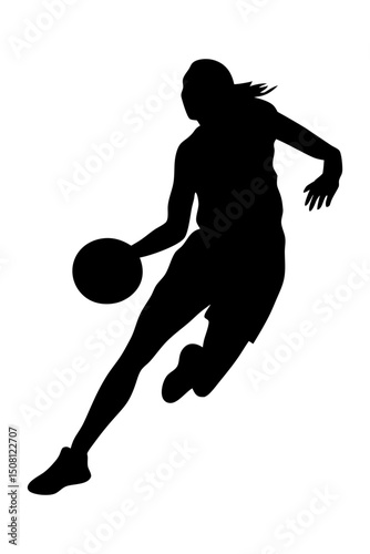 Silhouette of a female basketball player dribbling
