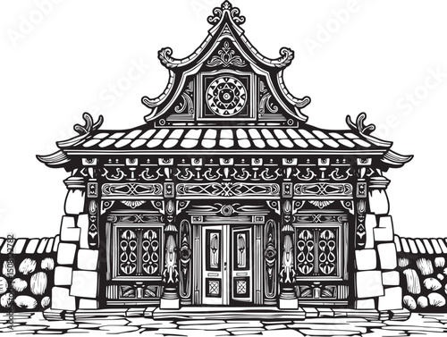 Antique wood architecture, the patterns are made with wood carvings. Hand drawn vector illustration