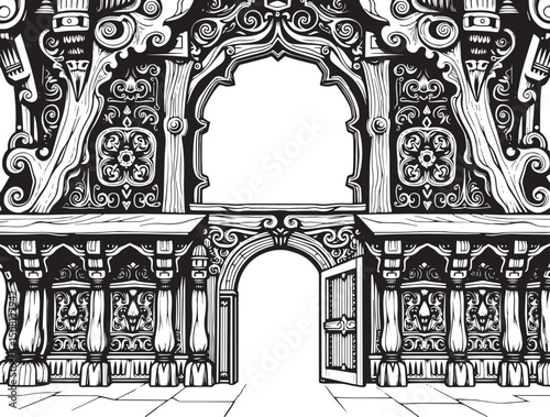 Antique wood architecture, the patterns are made with wood carvings. Hand drawn vector illustration