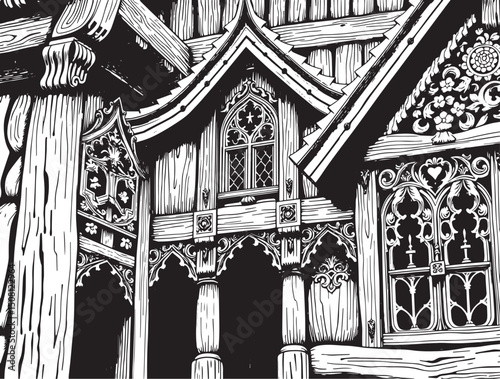 Antique wood architecture, the patterns are made with wood carvings. Hand drawn vector illustration