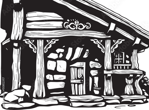 Antique wood architecture, the patterns are made with wood carvings. Hand drawn vector illustration